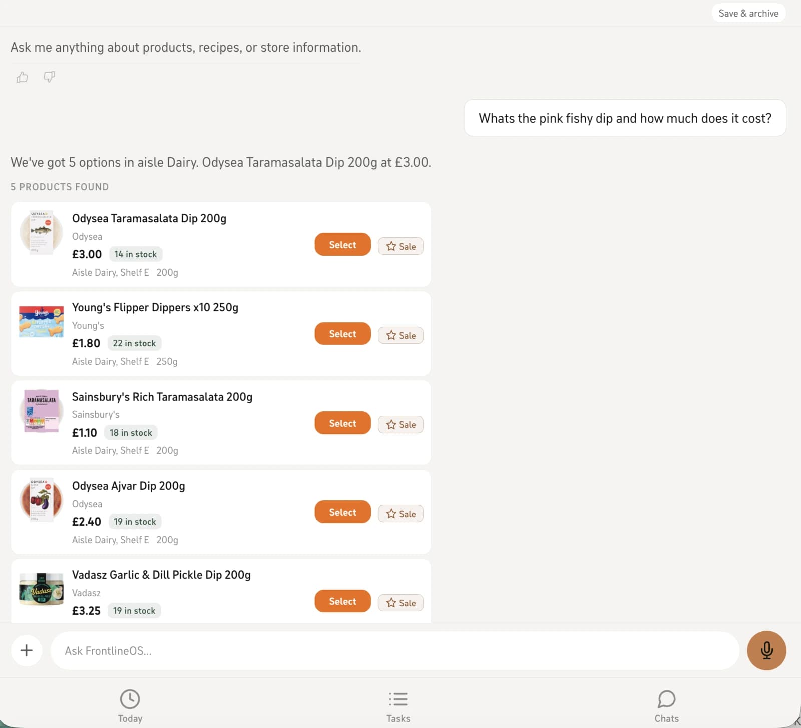 Chat answering a spoken product question with five matching products, their prices, stock levels and aisle locations.
