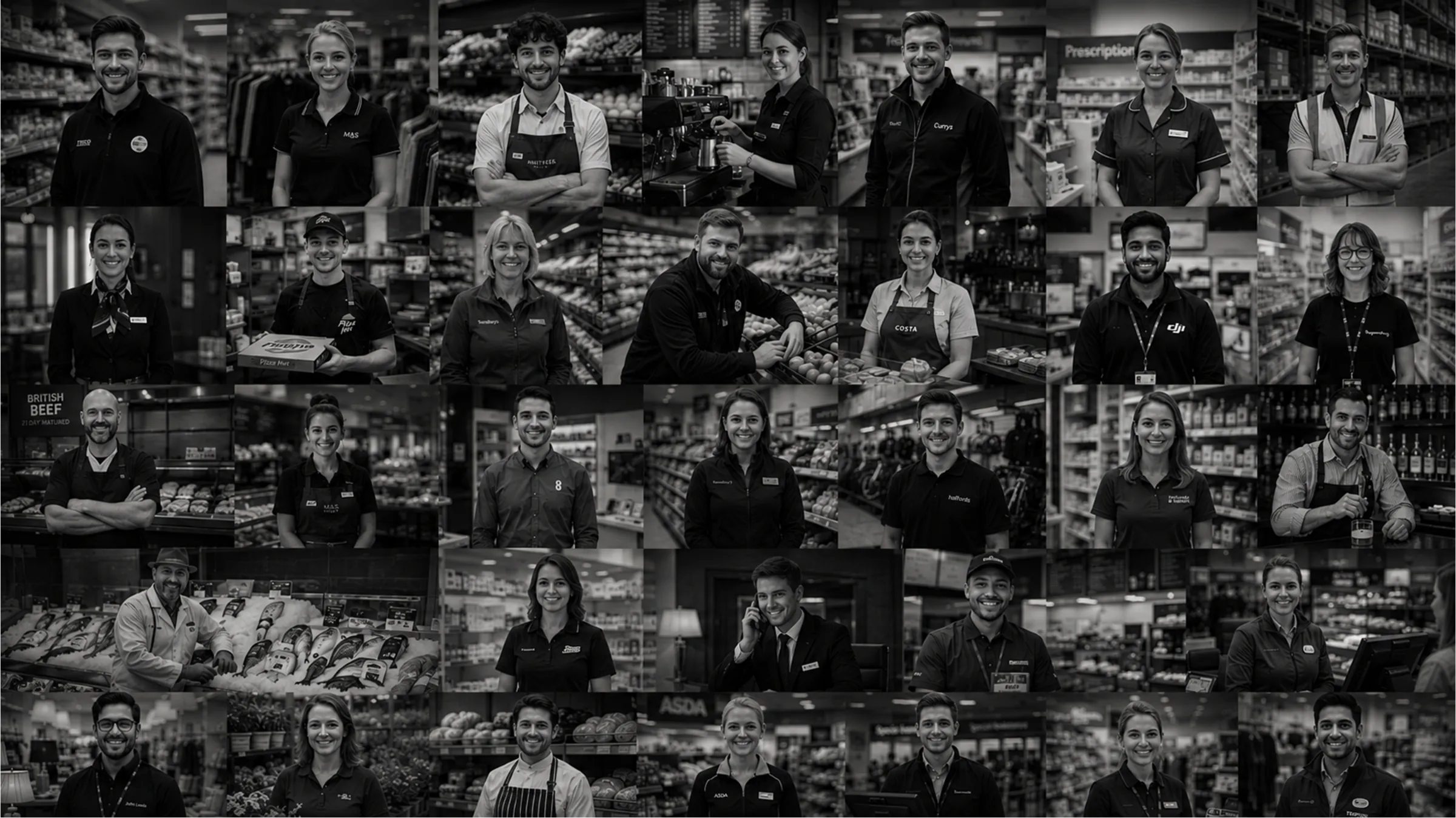 A grid of retail, hospitality and warehouse colleagues at work — on the shop floor, behind the counter, in the stockroom and at the till.