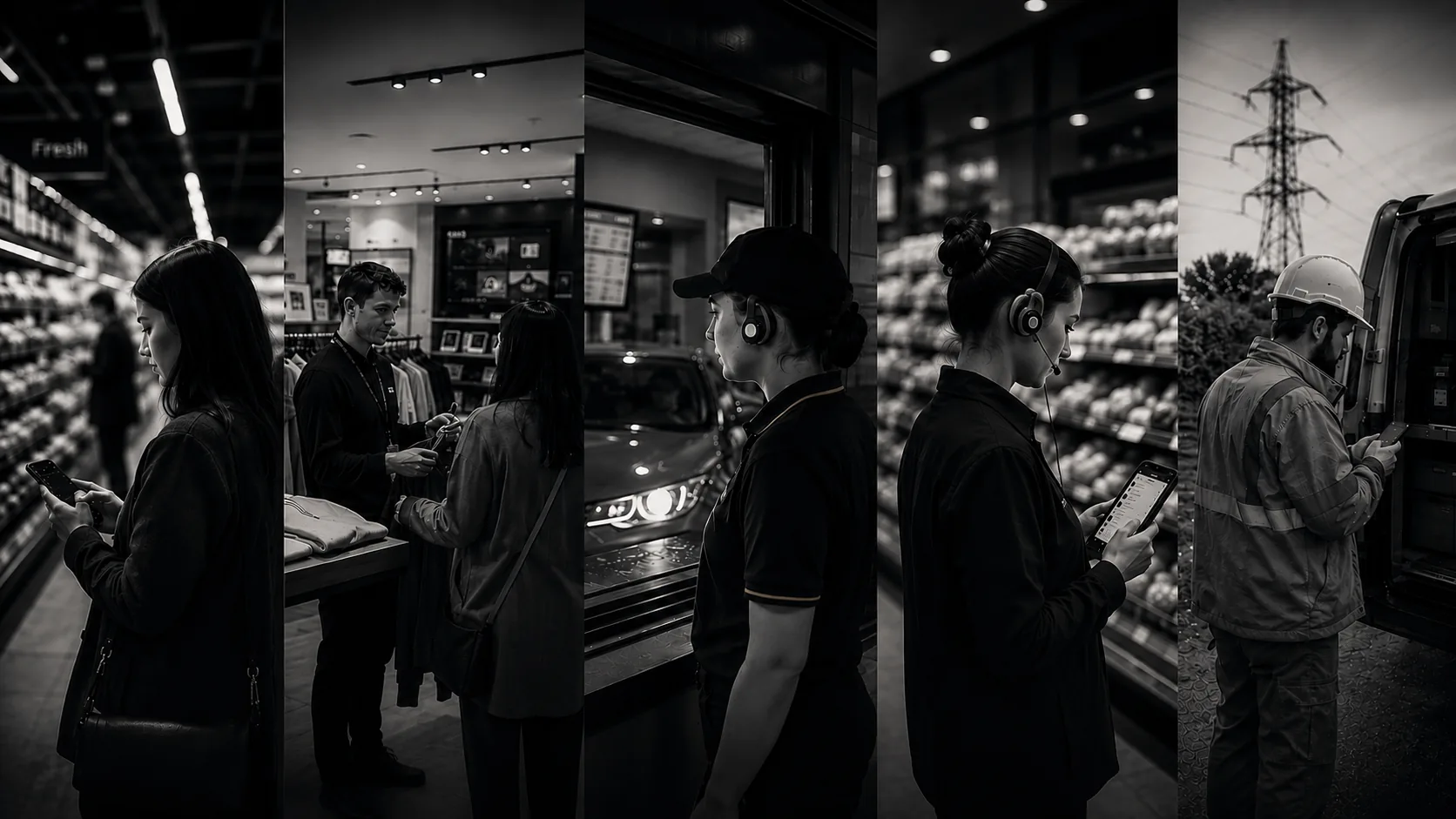 Five monochrome panels of frontline workers using handheld devices: a supermarket colleague in the chilled aisle, a retail assistant serving a customer, a drive-through operator on a headset, a store colleague on a headset checking a phone, and a field engineer at the back of a van.