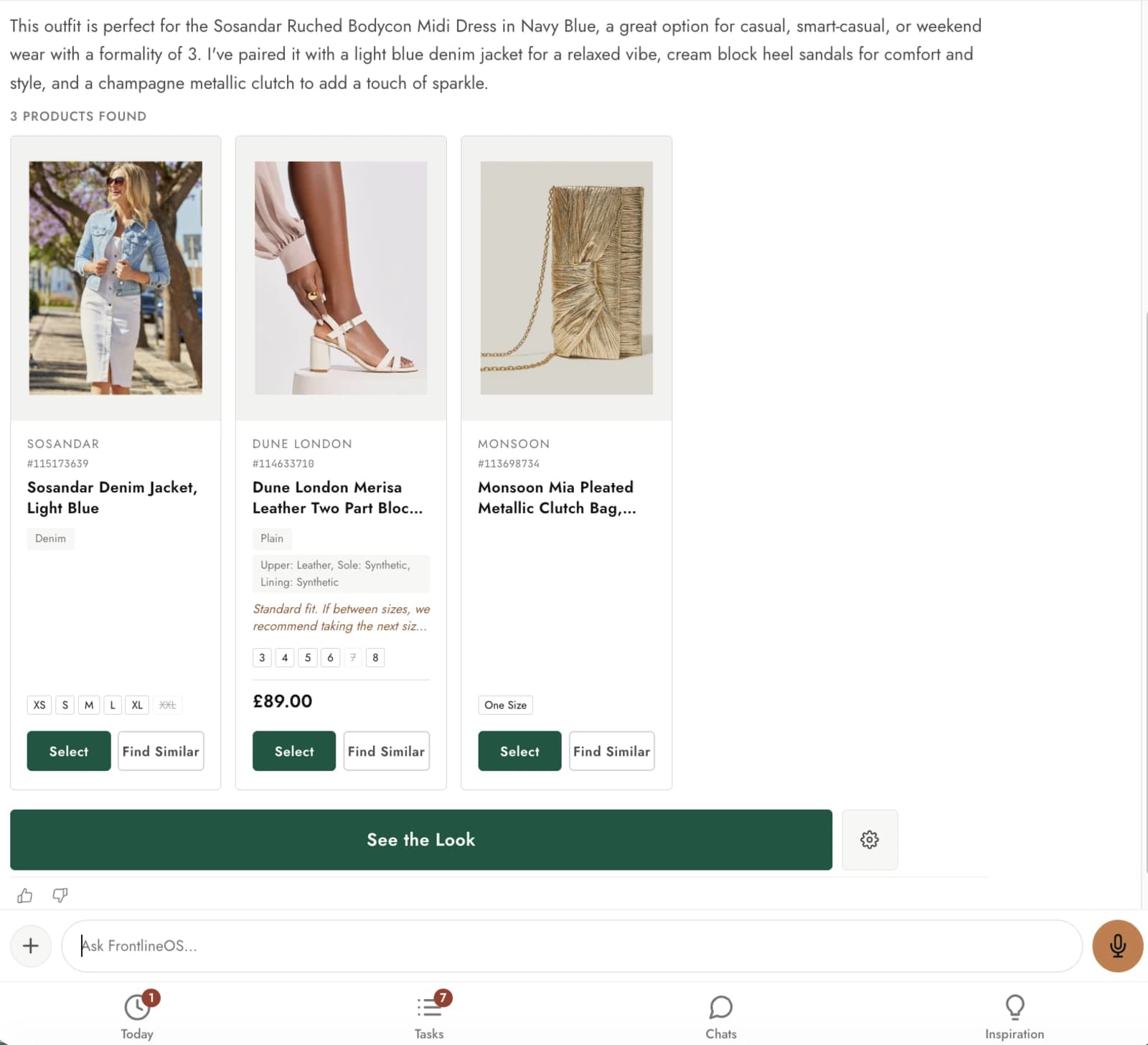 Complete the Look returning a three-piece outfit recommendation with product details and a See the Look action.