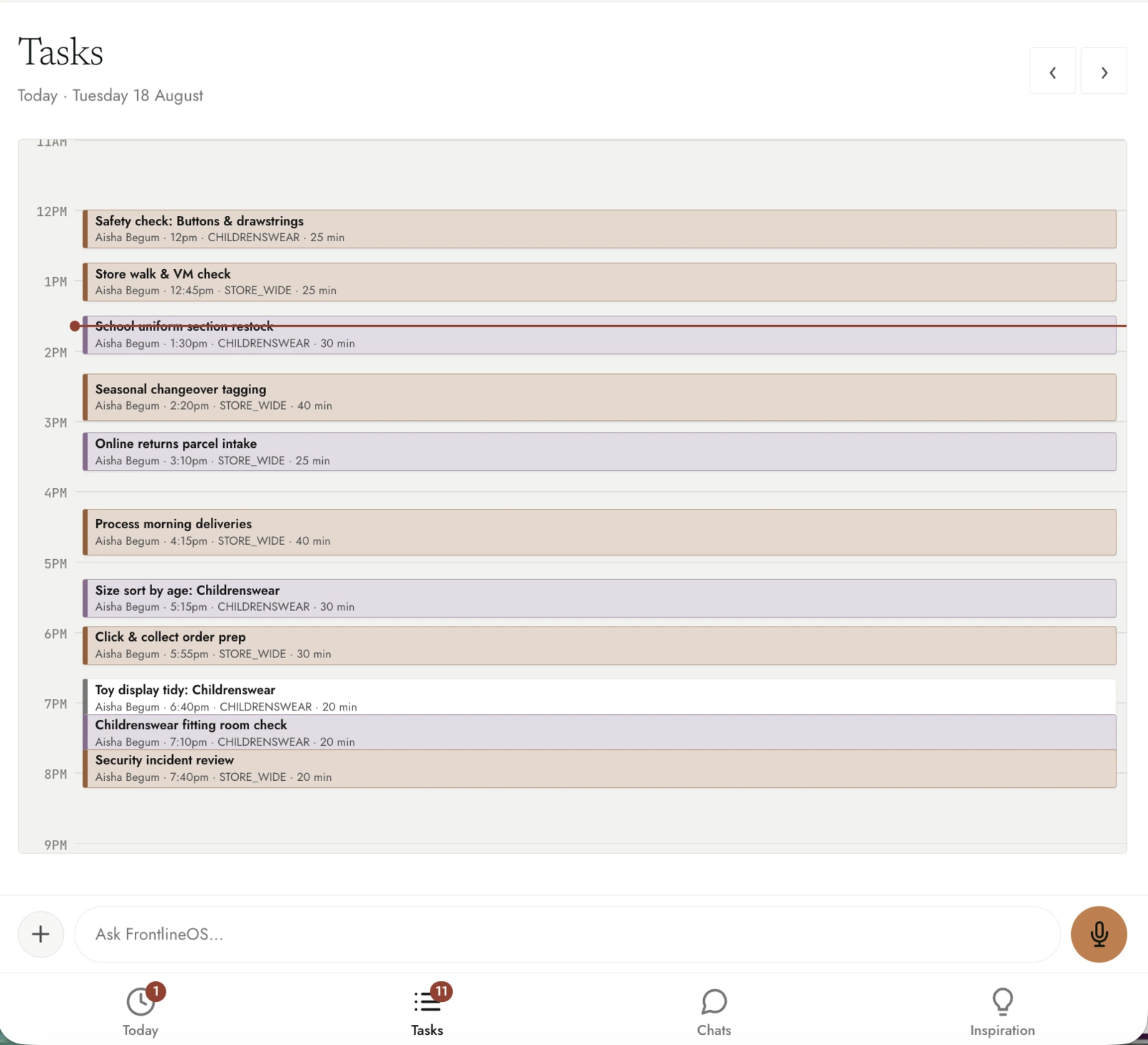 Task planner laying the day out on a timeline, each block naming its owner, department and duration.